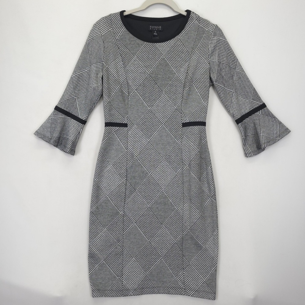 En Focus Studio Dress Women 4 Plaid Bell Sleeve Stretch Sheathā Work Office